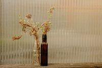 Getrocknete Wildblumen – Glasflasche & bernsteinfarbene Flasche | Stillleben vor Riffelglas