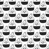 Seamless black and white pattern of cute cartoon cupcakes with strawberry topping.
