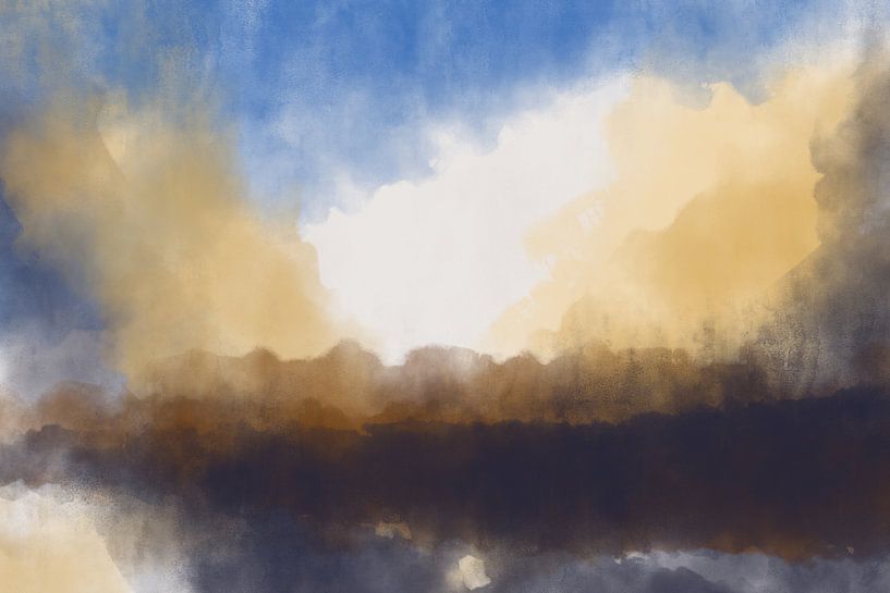 Abstract minimalist landscape in blue, yellow, warm brown by Dina Dankers