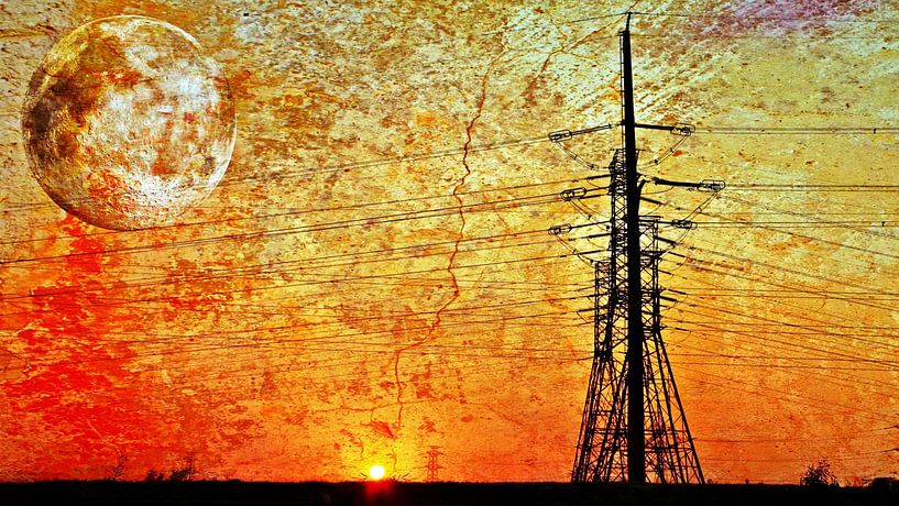 Power lines and pylons at sunrise mixed media by Werner Lehmann