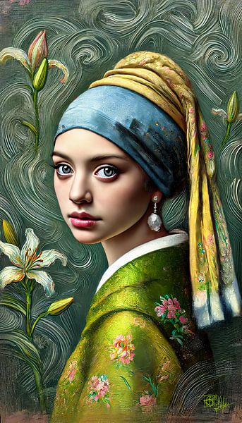 Jeune fille moderne avec une boucle d'oreille en perle Johannes Vermeer "Echoes of the Eternal Bloom&amp;quot ; par René van den Berg