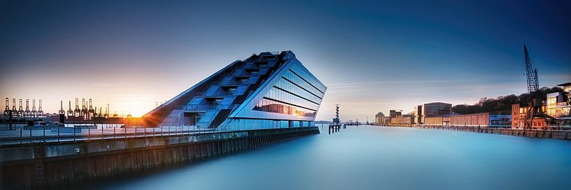 Hamburg pamnorama in Hamburg harbor at sunset. by Voss photography