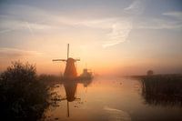 Kinderdijk im frühen Morgennebel