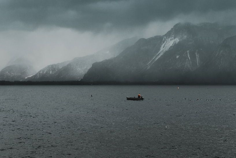 Lonely fishing boat at sea by Besa Art
