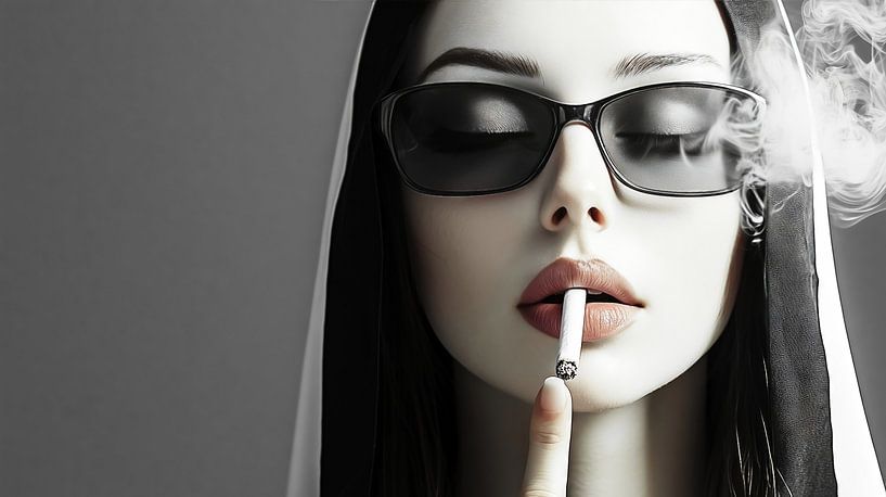 Mysterious woman with a cigarette in shades of grey by Frank Heinz