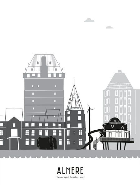 Skyline-Illustration der Stadt Almere in Schwarz-Weiß-Grau von Mevrouw Emmer