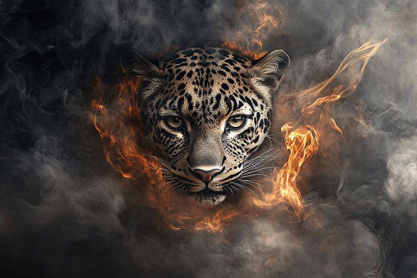 Léopard dans la fumée et les flammes par Art & Soul Creations
