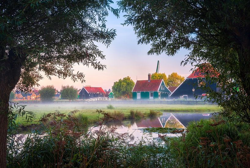 Idyllic Morning at Zaanse Schans, Netherlands with Traditional Dutch Houses and Windmill Reflections by Arda Acar