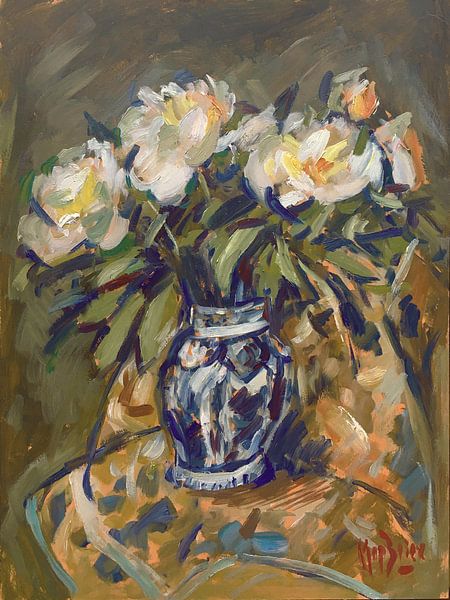 Pfingstrosen in Delfter blauer Vase auf Quilt von Nop Briex