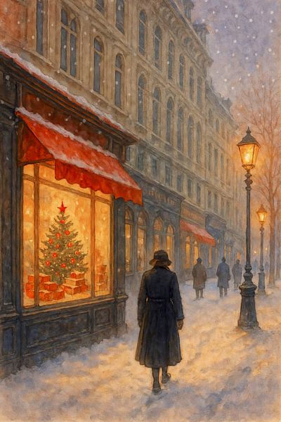 Veille de Noël en ville (IA)( lèche-vitrines, nostalgie, confortable, atmosphérique, romantique par Natalie Bruns