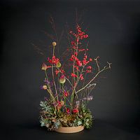 Bright and colourful floral arrangement against dark background