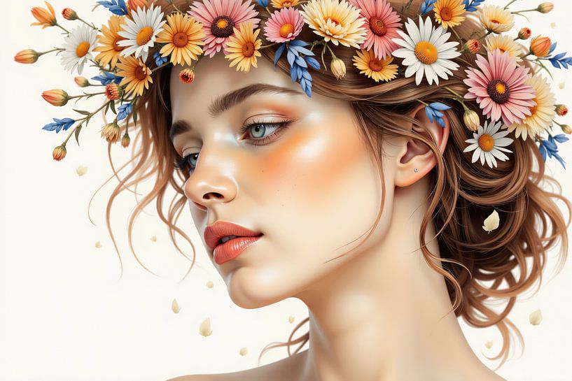Belle femme posant avec une couronne de fleurs et des pétales autour d'elle par Markus Gann