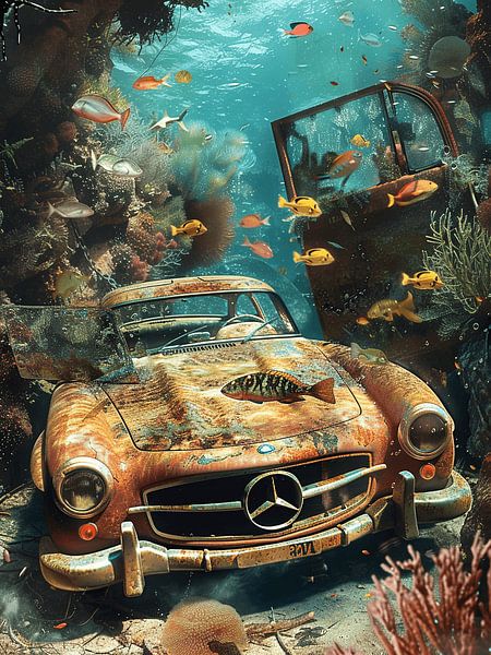 Diving Mercedes 300 SL underwater coral fish by gm_designs