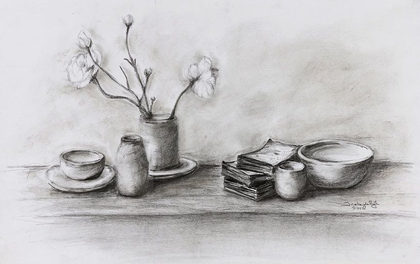 Stilleben in Schwarz und Weiß , Japanischer Stil , Handgezeichnet von Ineke de Rijk
