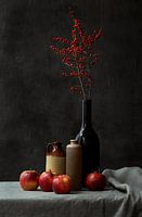 Still life with apples and red possumhaw twigs