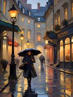 Gemälde von Frau und schwarzem Regenschirm