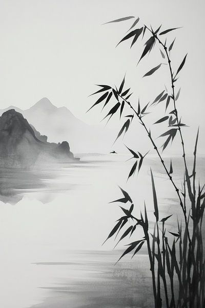 Rustig waterlandschap met bamboe van Poster Art Shop