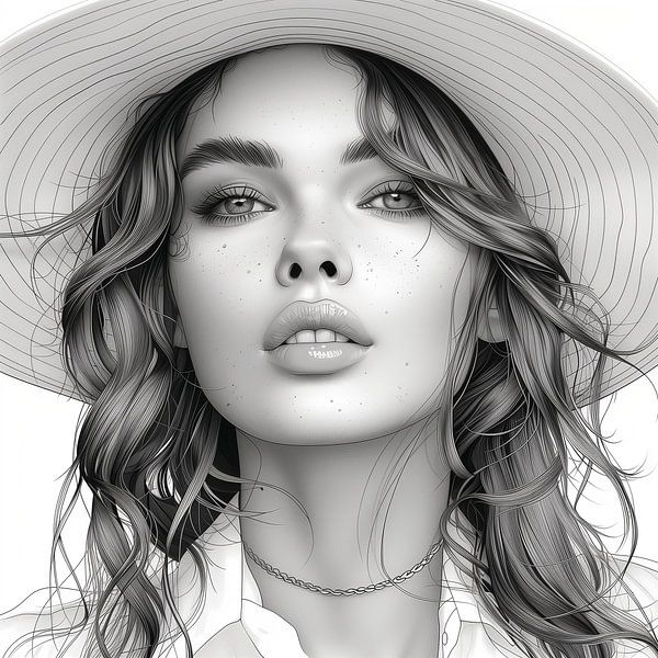 Sommerliche Anmut: Frau mit Hut in Line Art von Artz by Mr.JAi