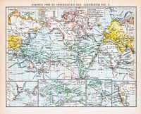 Carte du monde des explorations. Carte d'époque vers 1900