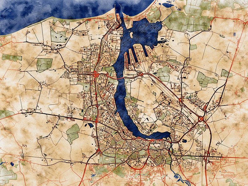 Karte von Rostock im stil 'Serene Summer' von Maporia