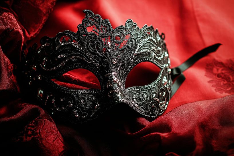 Elegant black mask on red cloth by Poster Art Shop