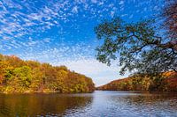 View over the lake Schmaler Luzin to the autumn field mountains