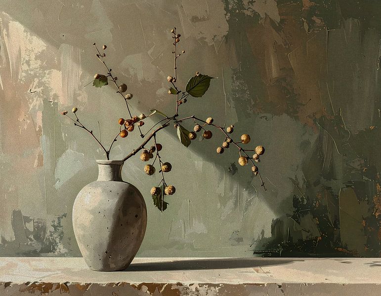 Concrete vase with branch - army green artwork by Emiel de Lange