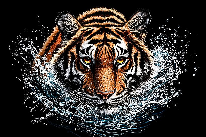 Mächtiger Tiger im spritzenden Wasser von Art & Soul Creations