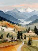 Valley with mountains in fog during sunrise