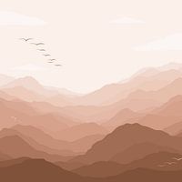 Mountain view with birds - pastel pink