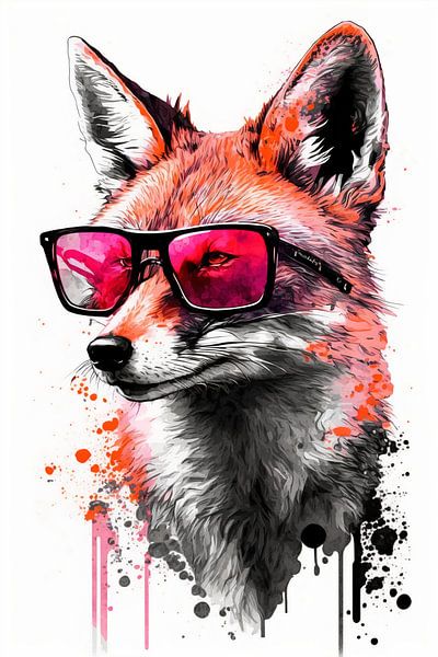 Cooler Fuchs mit Pinker Sonnenbrille und Wasserfarben von Poster Art Shop