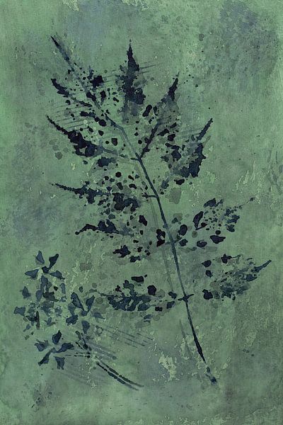 Blue branch on cool green background (watercolor painting plants flowers industrial botanical by Natalie Bruns