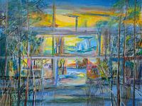 Uitzicht uit het raam in een denkbeeldig landschap