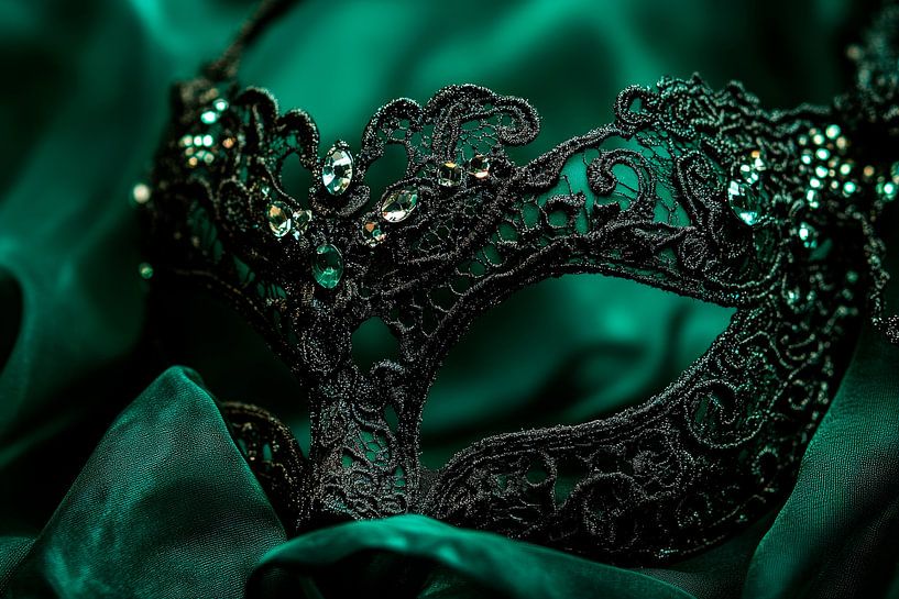 Elegant black mask on green velvet by Poster Art Shop