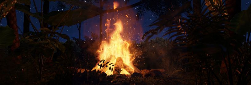 Campfire in tropical forest at night by Besa Art