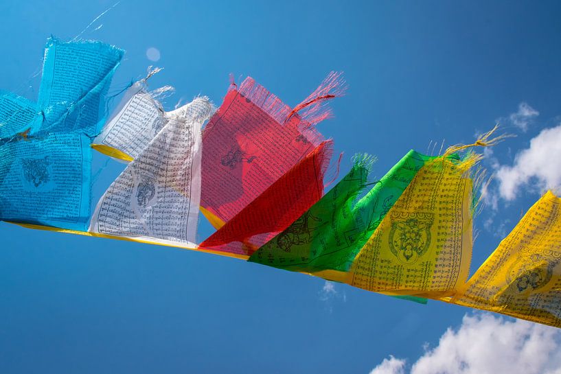 Les drapeaux de prière flottant au vent, le Tibet par Rietje Bulthuis