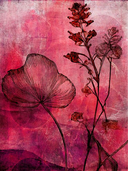 Botanische Mixed Media Art: Wilde planten in oud roze van Studio Pieternel