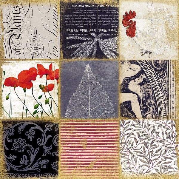 Von Pflanzen - Vintage Patchwork Collage mit Mohn und Hahn von Western Exposure