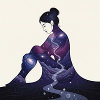 Cosmic woman embracing universe inside herself