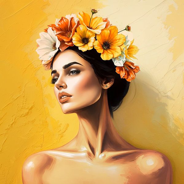 Frau mit Blumen auf dem Kopf vor gelbem Hintergrund von Jan Bouma