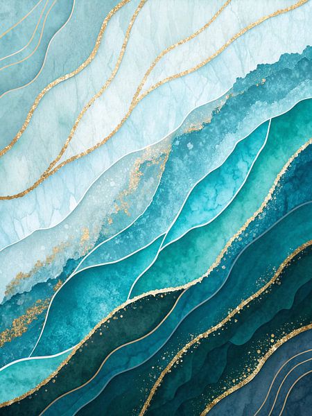 Majestätisches Azurblau &amp; Smaragdgrüne Wellen mit vergoldeten Akzenten - eine moderne abstrakte Landschaft von Artistic