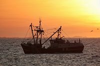Fishing ship at sundown at sea