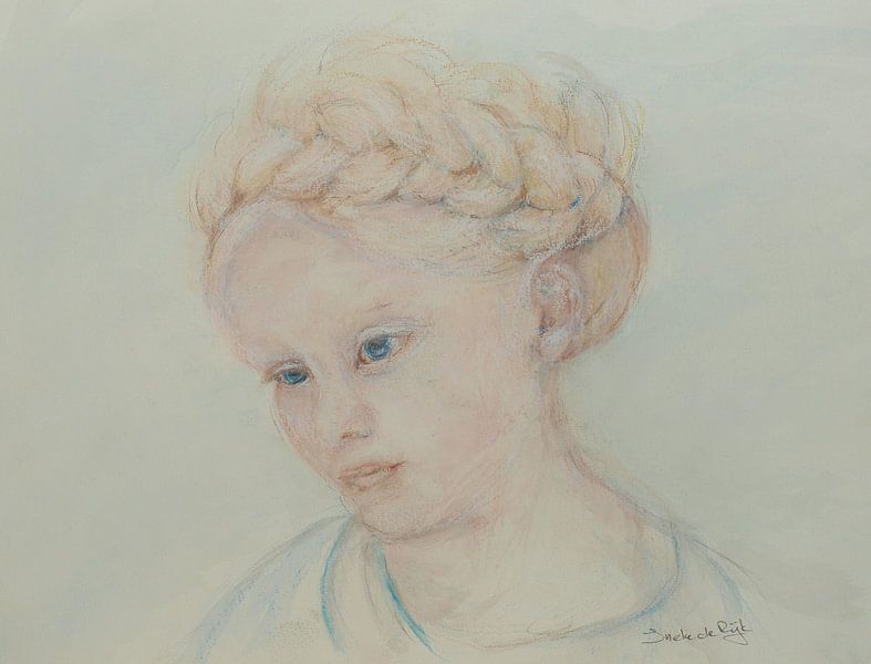 Girl with braided hair. Hand-painted with pastel chalk. by Ineke de Rijk