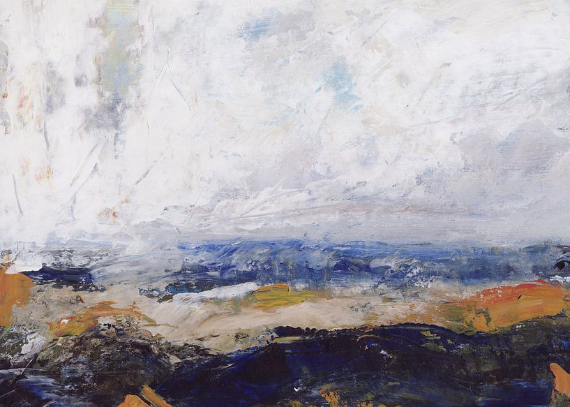 Abstraktes Meer oder Ozean in Pastellblau, Ockerbraun, Weiß, Lila von Dina Dankers