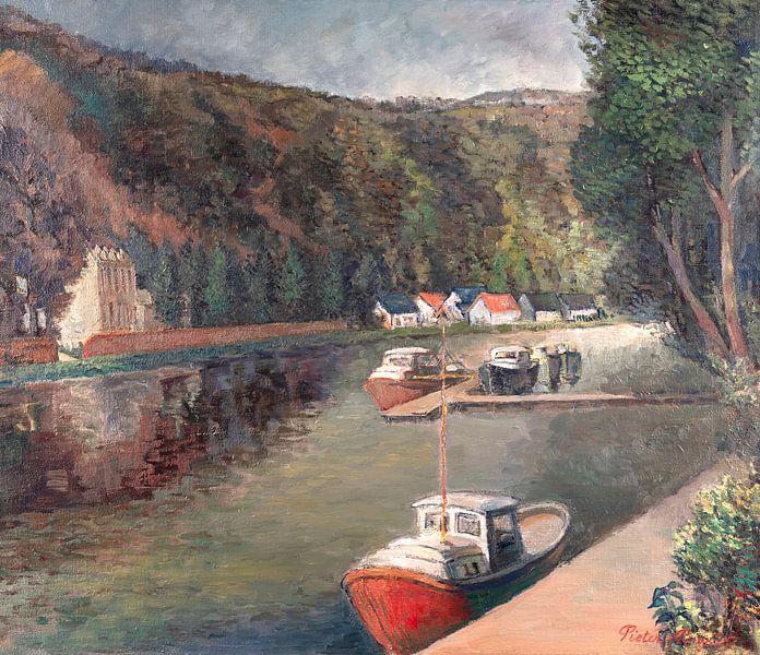 Bateaux le long de la rivière Maas près de Dinant. (Belgique) huile sur toile par Galerie Ringoot