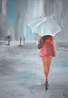 Dame in rotem Kleid an einem regnerischen Tag