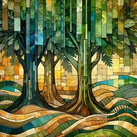 Collage/Mosaik 3 Bäume in einem afrikanischen Wald auf hügeligem Grund