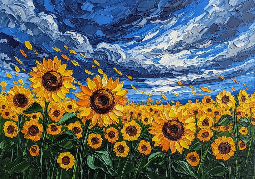 Peinture à l'empâtement d'un champ de tournesols avec des nuages par Markus Gann