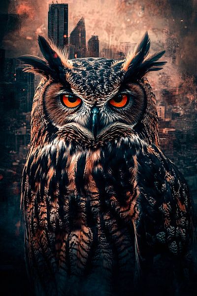 Surreale Eule über Skyline von Art & Soul Creations