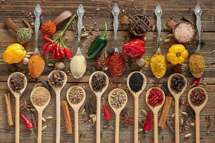 Grande variété d'épices avec du piment et des bâtons de cannelle par Photo Art Thomas Klee